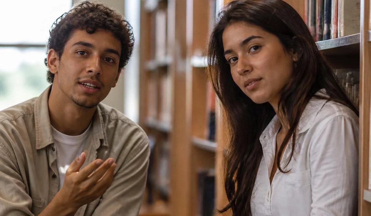 Pessoas conversando de pé junto às estantes antes de o encontro abrir